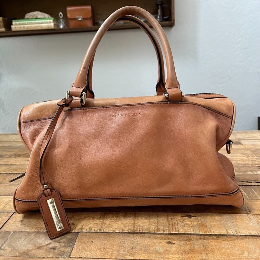 Banana Republic Leather Satchel 13.5 in Double Handles Warm Tan Leopard Lining